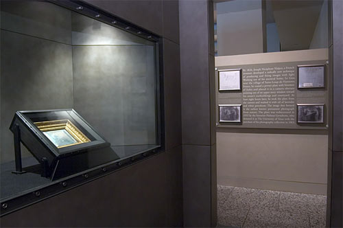 The Niépce plate is safely housed in a custom-made display case. Courtesy of the Harry Ransom Center.