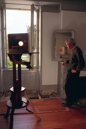 Niépce took the famous “Point de vue du Gras” photo from roughly this position. Pierre-Yves Mahé is shown looking at the floor excavation to determine the window’s original position. Photo by Raphael Gaillarde/Gamma, courtesy of Pierre-Yves Mahé/Spéos.